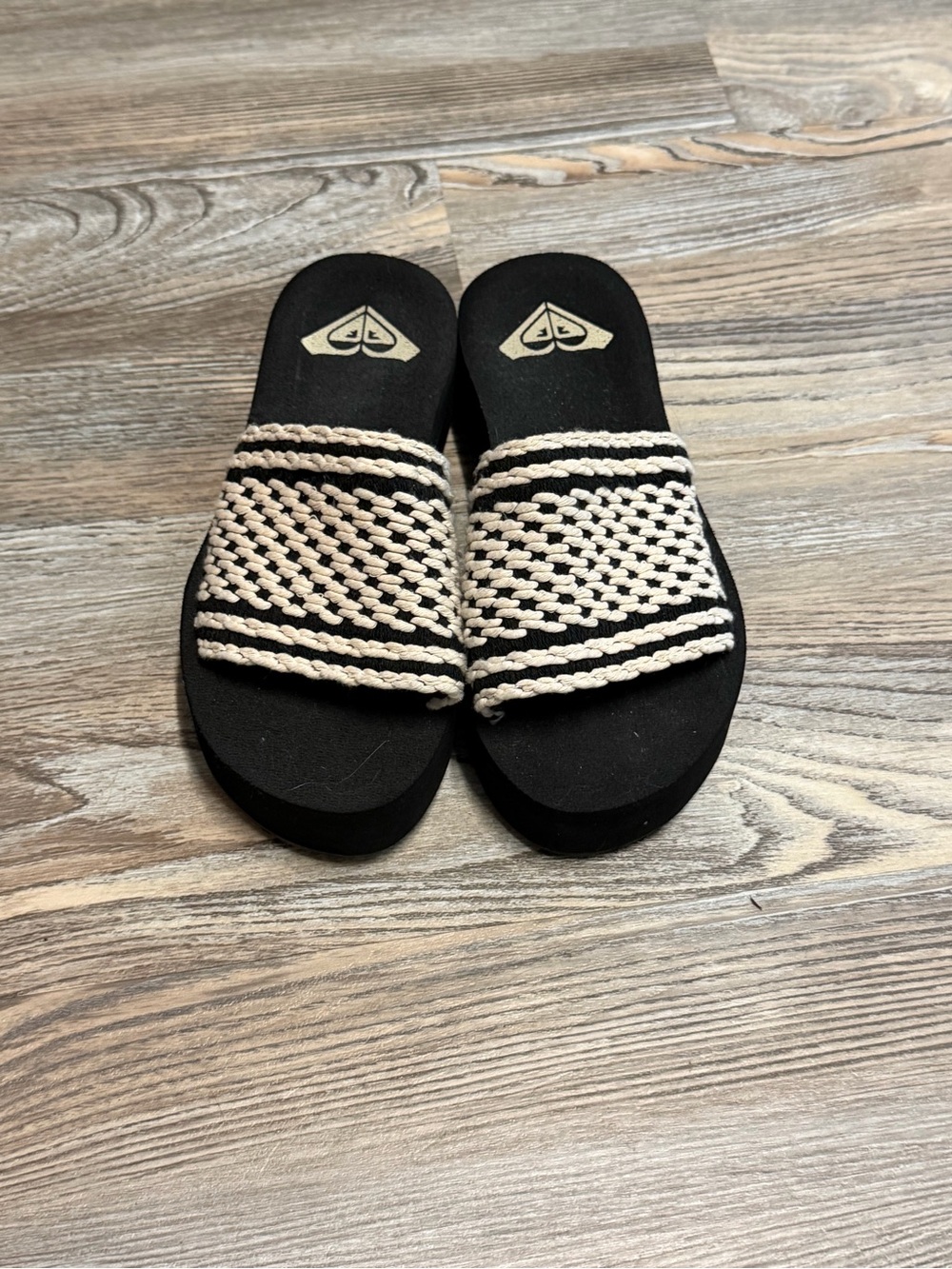 Roxy Black Slides with Cream Woven Straps